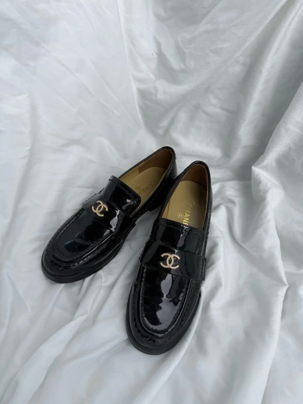 CHANEL Black Patent Leather Loafers with Gold CC Hardware - Picture 2 of 5